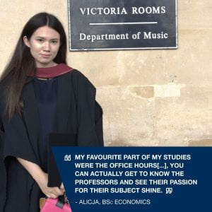 A smiling photo of Alicja overlaid with the text 'My favourite part of my studies were the office hours[...], you can actually get to know the professors and see their passion for their subject shine.'